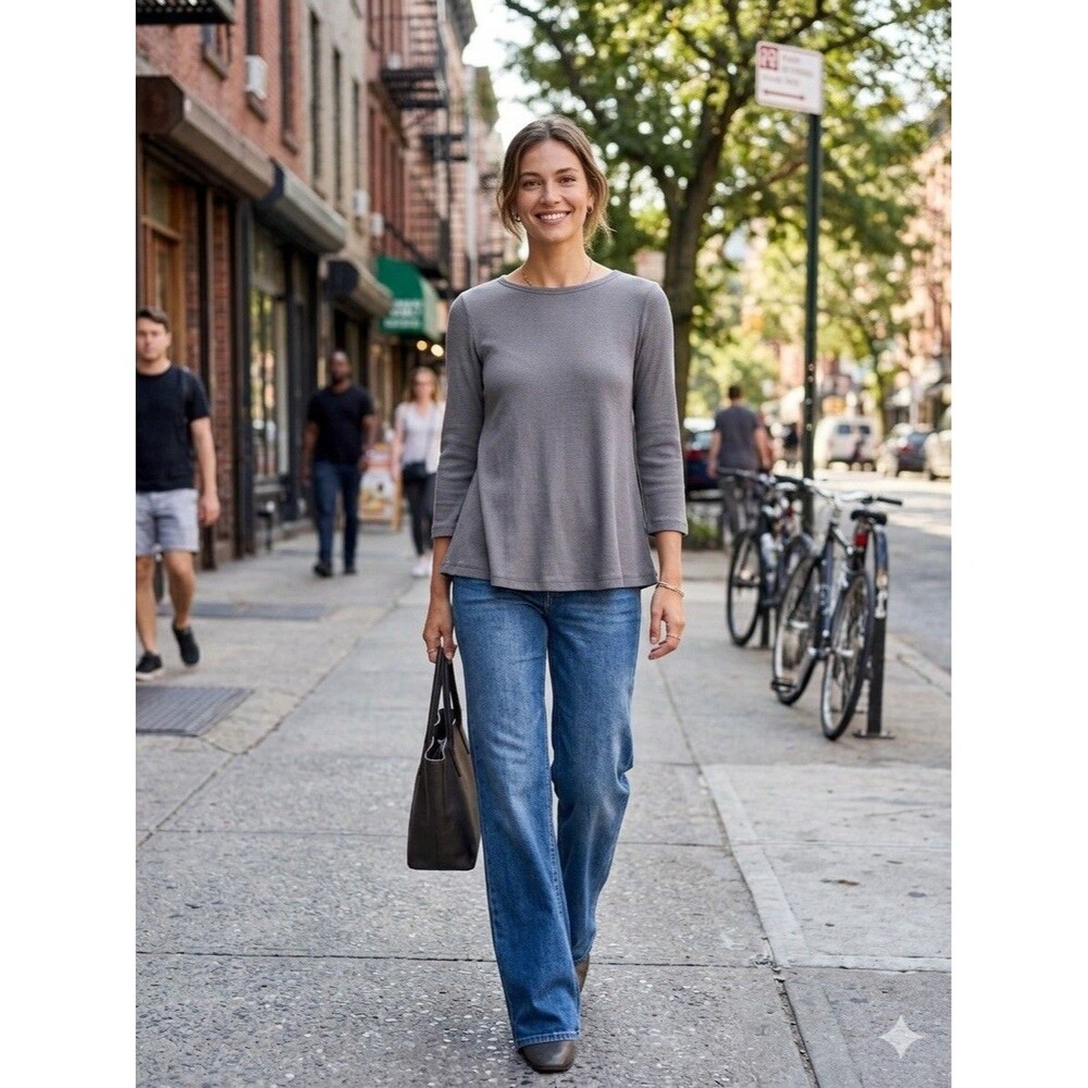 Eileen Fisher Gray Organic Cotton Knit Minimalist Comfy Luxury Lagenlook Top XS